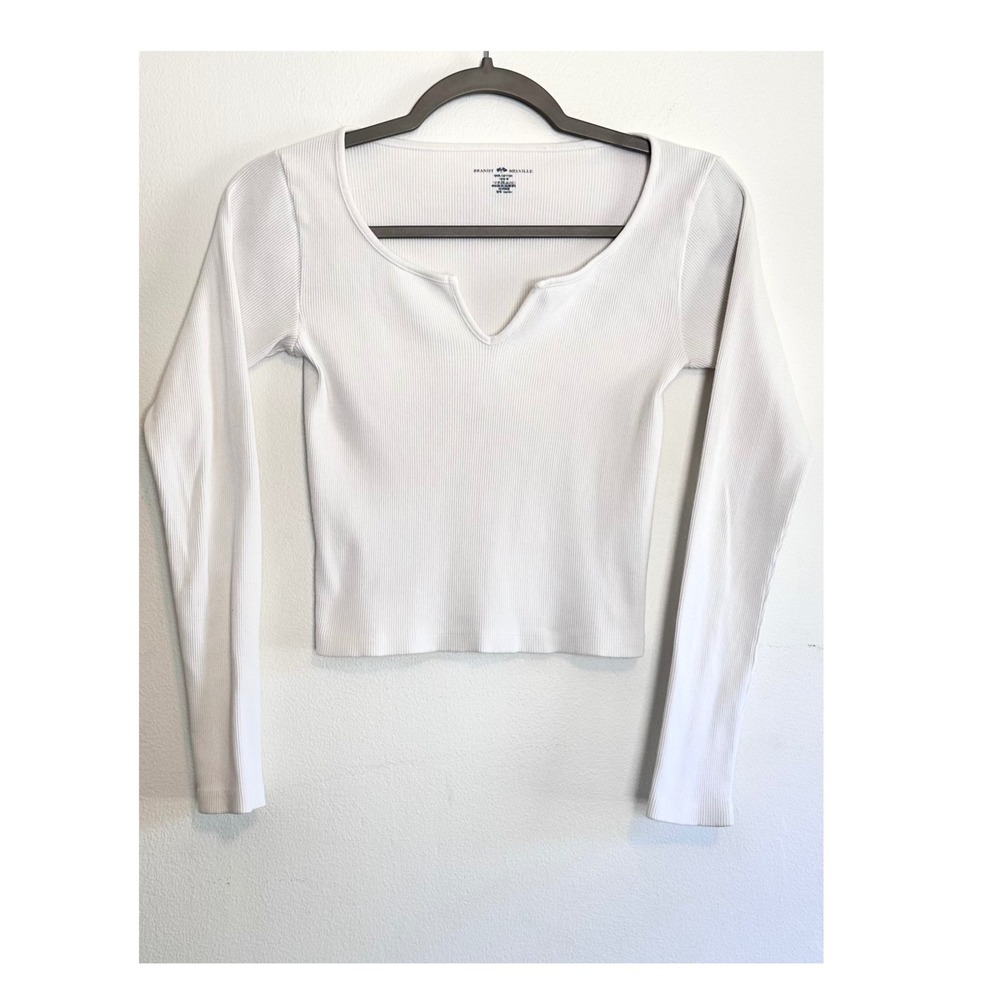 Brandy Melville White Ribbed Notched V-Neck Long Sleeve Top Casual Preppy